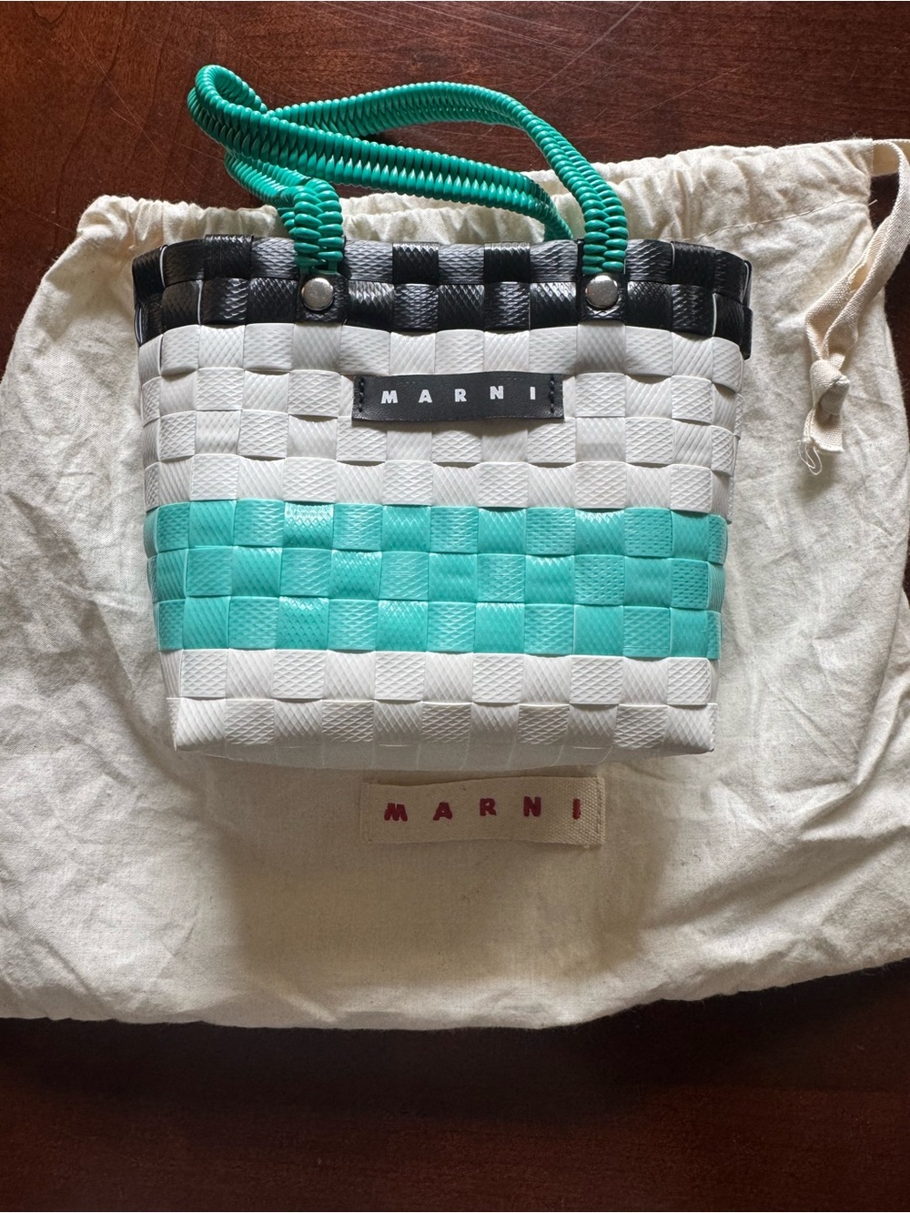 Marni White/Teal Woven Rattan Tote Bag
